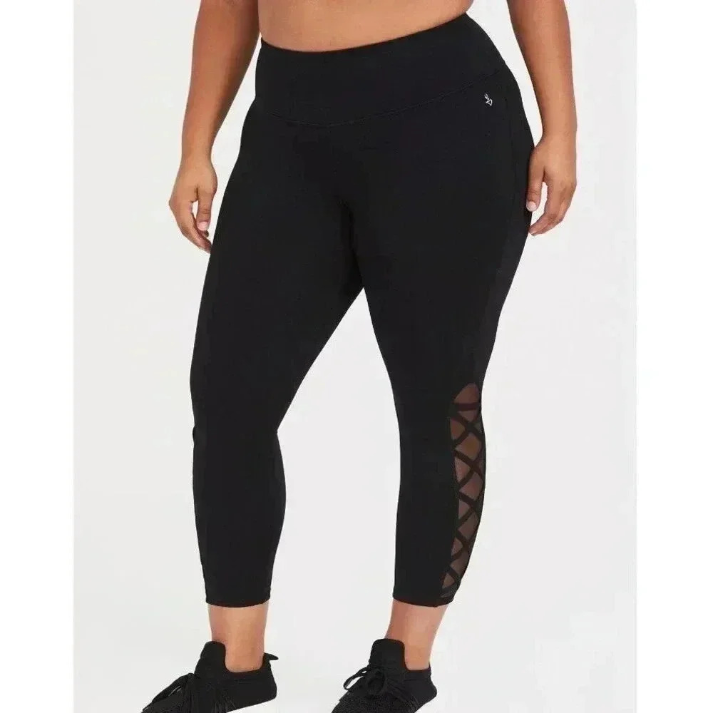 Torrid Leggings Womens 1X Black Crop Lattice Nylon Blend Pullon Activewear